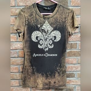 Angels & Diamonds Black/Brown Acid Washed Fleur de Lis T-Shirt - Large